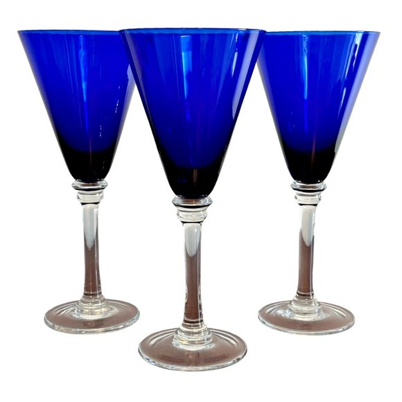 3 Eastern Handmade Cobalt Blue Ribbed Champagne Wine Glasses Stemware 9.5 Inch - Picture 2 of 8
